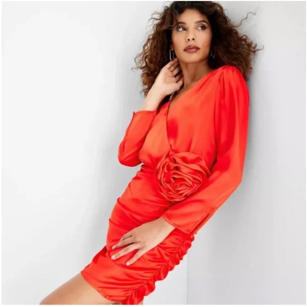 Women's Long Sleeve Rosette Mini Dress - Future Collective Red 4 - Picture 2 of 8